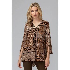 Joseph Ribkoff Abstract Animal Print Half Zip Open Back Hem Travel Tunic Sz. 10
